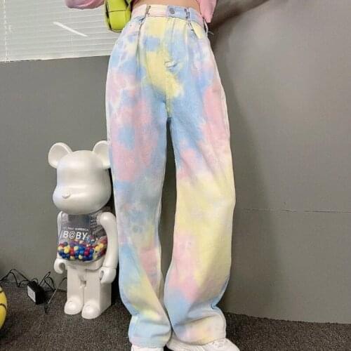 Streetwear Summer Rainbow Tie Dye Printed Jeans High Waist Straight Gradient Loose Denim Pants Y2K Wide Leg Jean Trousers P014