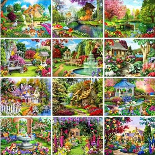 Huacan 5d Diamond Painting Full Drill Garden Scenery Wall Stickers Embroidery Spring Flower Mosaic House Landscape Diamond Art