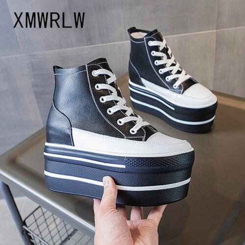 XMWRLW Womens High Top Sneakers Casual Leather Lace up White/Black Sneakers For Woman Spring Autumn Shoes High Heels Sneaker