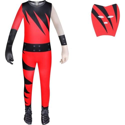 New Arrival Halloween Cosplay Black Red Cat Costume Jumpsuit and Mask Dance Tight Clothing One-Piece Suit for Kids Boys C50C61