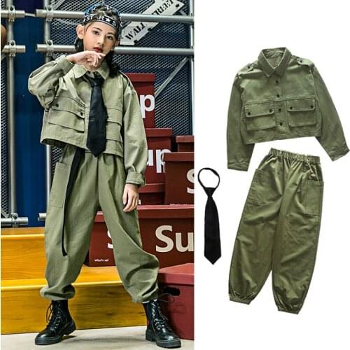 Kids Hip Hop Street Dance Costume ArmyGreen Suit Overalls Student Uniform Girls Jazz Performance Clothes Stage Rave Wear VDB2535
