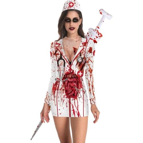 Halloween Nurse Costume Adult Scary Cosplay Dress Sexy Jumpsuit Carnival Party Costumes 3D Print Women Tight Bodysuit Outfit