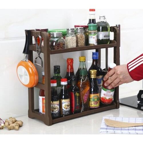 Multi-function Double-layer Storage Holder Seasoning Jar Placement Rack Sundries Drain Shelf With Hooks Home Kitchen Accessories
