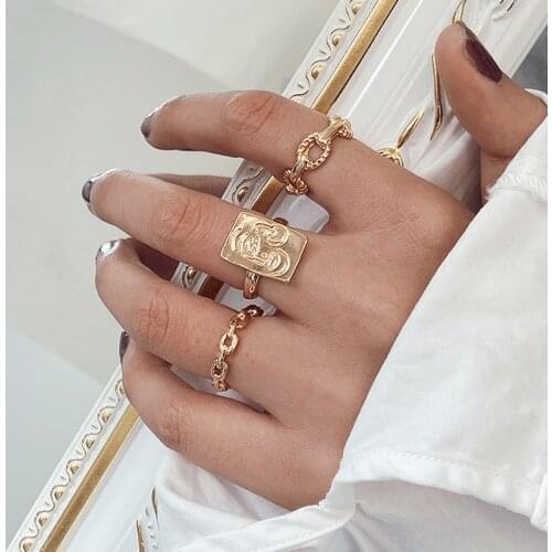17KM Neo-Gothic 3Pcs/set Chain Rings Set For Women Gold Geometric Square Coin Knuckle Ring Jewelry Finger Accessories
