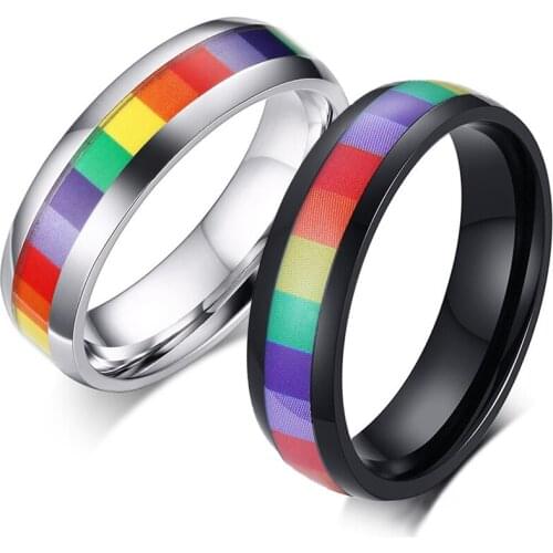 6MM Minimalist Style Stainless Steel Rainbow Colorful LGBT Pride Rings for Women Men Multicolor Wedding Band Lebian & Gay Ring