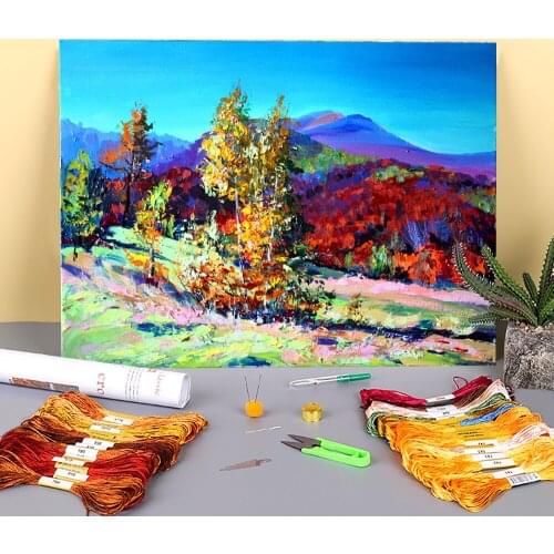 Landscape Autumn In The Mountains Printed Water-Soluble Canvas 11CT Cross-Stitch Embroidery Kit DMC Threads Package