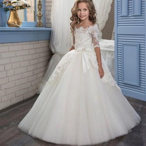 Boat Neck Half Sleeve Flower Girl Dresses Princess Pageant Ball Gown With Bow Weddings First Communion Wears