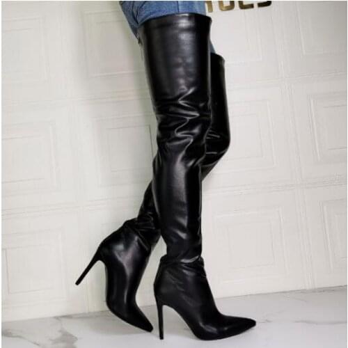 Drop Shipping Woman Fashion Black Red PU Pointed Toe Over The Knee Boots Female Zipper Back Slim Thin Heels Thigh Boots Shoes