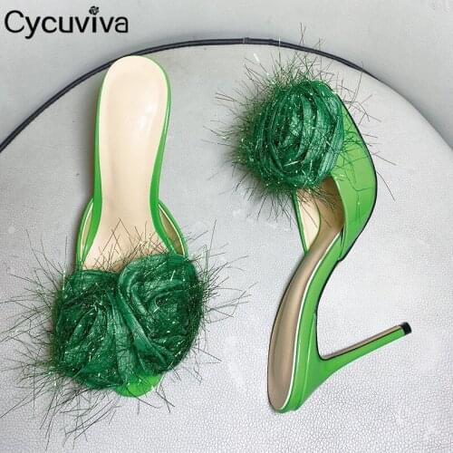 Thin Heels Slippers Women Design Flower Ladies Party Shoes Summer Open Toe Sandals Red Wedding Shoes Women High Heel Slides