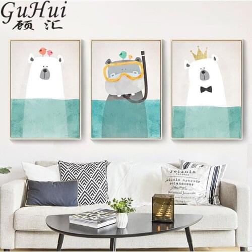 Nordic Cute Animals Christmas Polar Bear Prince Hippo Penguins Canvas Painting Poster Children Room Wall Pictures Home Decor