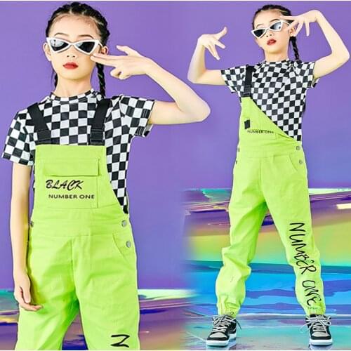New Children Hip Hop Clothing Modern Dance Costume Green Overals Plaid Tops For Girls Boys Jazz Streetwear Rave Clothes DNV14593