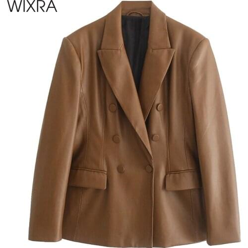 Wixra Women Solid PU Faux Leather Blazer Jacket Notched Double Breasted Female Coat 2021 Top New Hot Autumn Winter Outwear