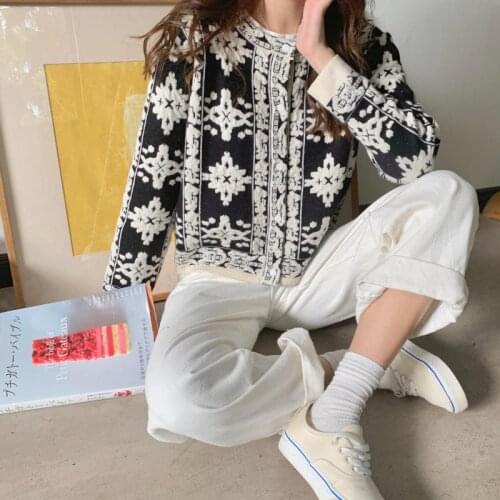 Snordic Women Vintage Autumn Winter Jacquard Flower Short Sweater Coat Full Sleeve Single Breasted Knitted Cardigan Jacket