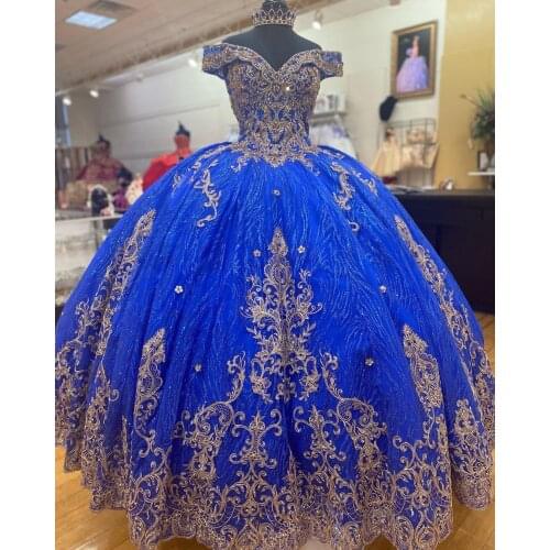 Royal Blue Gold vestidos de 15 años 2021 Puffy Quinceanera Dress Sweet 16 Dress Off-the-Shoulder Long Prom Gown Sequin Lace
