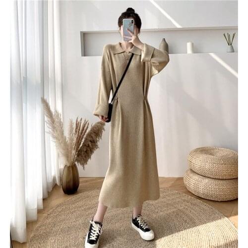 Jumper Knit Shirt Dress Women 2021 New Spring Autumn Loose Chic Mid-Length Base Sweater Lapel Long Dress With Side Button y956