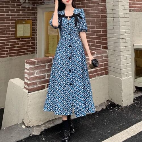 Vintage Printing V-Neck Lace-Up Bow Female Design Office Lady Casual Vestidos Knee-Length Puff Sleeve Womens Clothing Dress