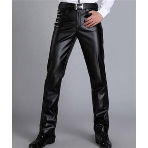 Winter straight pu leather pants men trousers windproof thermal plus velvet faux leather pants mens fashion black korean casual