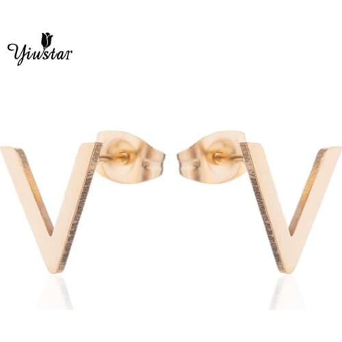 Yiustar Gold Earrings Women Stainless Steel Stud Earrings Latter V Earrings Brincos Oorbellen Fashion Ear Jewelry bijoux femme