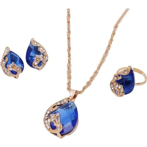 4Pcs/Set 5 Colors Luxury Women Rhinestone Inlaid Hollow Peacock Water Drop Pendant Necklace Earrings Ring Party Jewelry Set