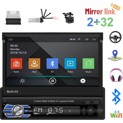 Podofo 1 Din Android 10.1 2+32GB Car Video Player Car Radio Stereo With 7'' Retractable Screen GPS Wifi BT USB FM
