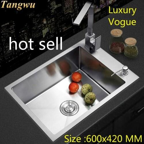 Free shipping Hot sell standard household kitchen manual sink single trough durable food-grade 304 stainless steel 600x420 MM