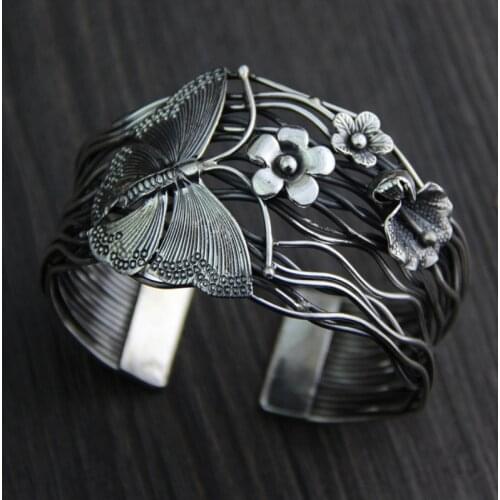 Fyla Mode Europe Selling 925 Thai Silver Hollow Opening Bracelet Geometry Butterfly Flowers Bracelets Bangle 40mm Width 56G
