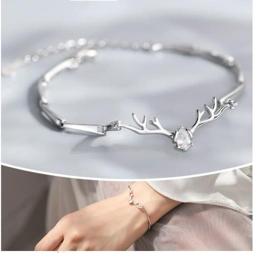 Pure Silver 925 Bracelets Women Jewelry Trendy Crystal Deer Bangle Female Christmas Gift Fashion Princess Bracelets Lady Bijou