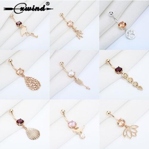 Cxwind Gold Navel Piercing Dog Paw Unicorn Arrow Seashell Dangle Belly Button Ring for Women helix Body Piercing Jewelry