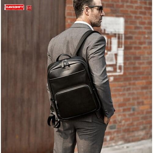 Black Leather business backpack Men first layer cowhide full leather laptop bag mens travel backpacks college student schoolbag