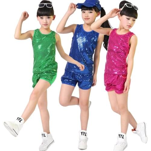 Girls Boys Sequined Ballroom Jazz Hip Hop Dance Performance Costumes Shirt Tops Pants Kids Modern Party Stage wear Outfits
