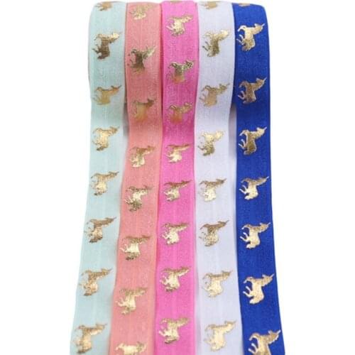 5/8" Gold foil Licorne unicorn FOE ribbon fold over elastic for hair ties garment cloth accessories welcome custom designs