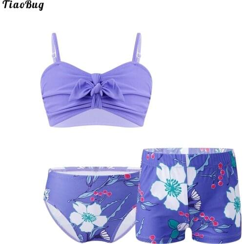 TiaoBug Summer 3Pcs Kids Girls Swimwear Adjustable Straps Bowknot Knotted Front Top And Floral Print Boyshorts Briefs Set Bikini