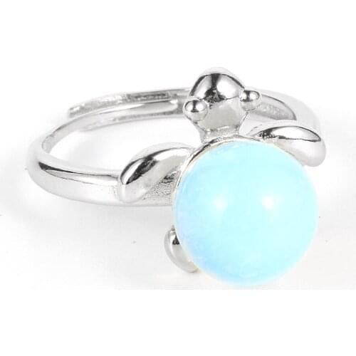 Cute Animal Turtle Rings For Women Girls Trendy Round Natural Stone Opal Turquoises Silver Plated Adjustable Joint Ring Jewelry