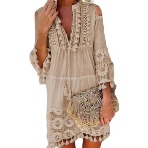 Deep V Neck Mini Dress Solid Color Women Tassel 3/4 Sleeve Shift Dress Sundress Casual Womens Clothing 2021 xxxxl vestidos