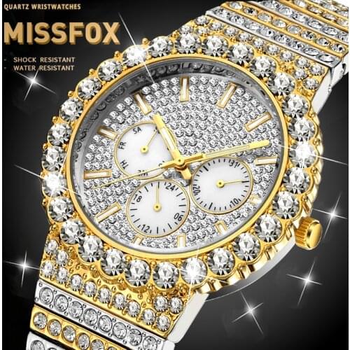 MISSFOX Hot Spot Diamond Pave Dial 8 Screws Fixed Diamond Set Bezel Tachymeter Scale Quartz Analog Date Display Gold Mens Watch