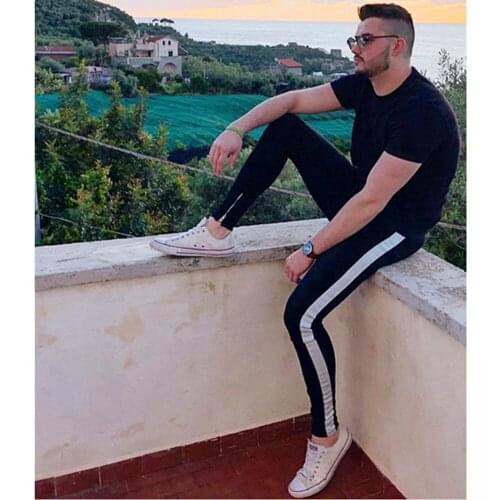 Fashion 2021 Mens Jogging Side Stripe Jeans Casual Elastic Force Biker Jeans High Quality Designer Hole Pants Pencil Jeans