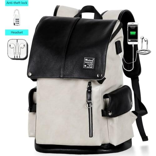 Mens USB Charging 15.6inch Laptop Backpack Boys Fashion Trend High Capacity PU Leather Back Packs For Teenager Casual Bagpack
