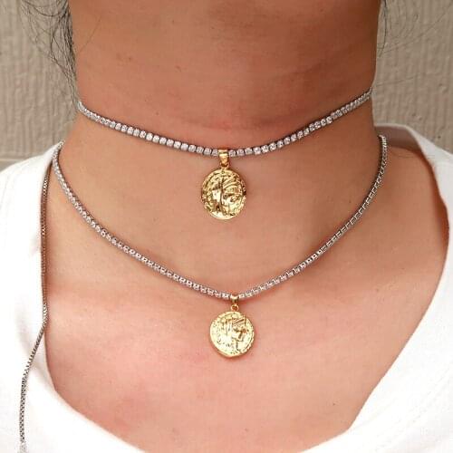 Popular AAA cubic zirconia Baguette choker necklace for Women adjustable length trendy geometric chokers necklaces coin