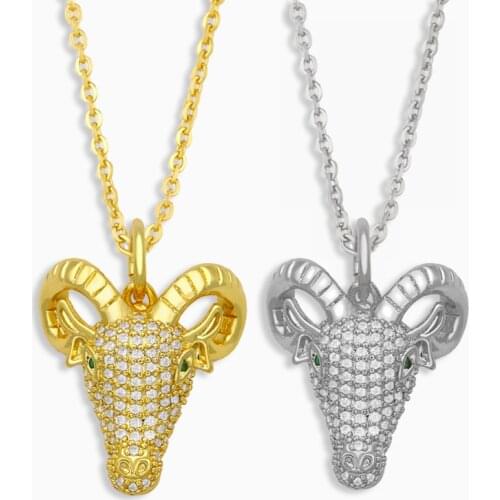 FLOLA CZ Micro Pave Stone Goat Skull Necklace For Women Gold Vermeil Animal Pendant Necklace Wholesale Jewelry Gifts nket49