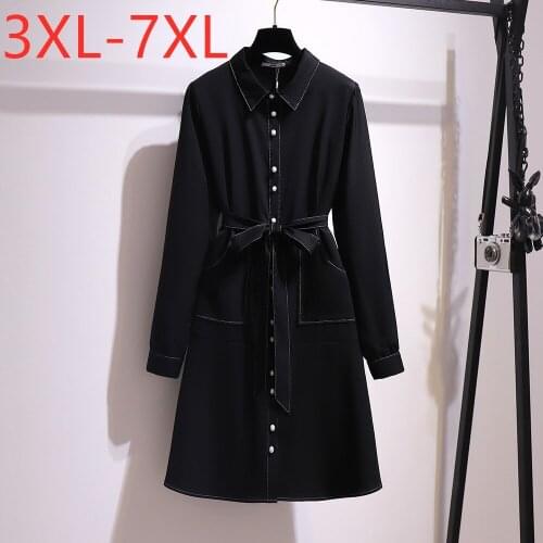 New Ladies Autumn Winter Plus Size Shirt Dress For Women Large Long Sleeve Loose Black Belt Button Dress 3XL 4XL 5XL 6XL 7XL