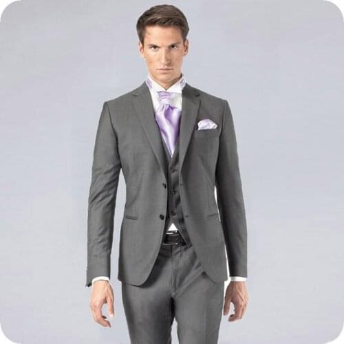 Latest Cast Pant Desings Gray Slim Fit Wedding Men Suits Groom Wear Tuxedos 3 Pieces(Jacket+Pants+Vest) Best Man Suits Blazers