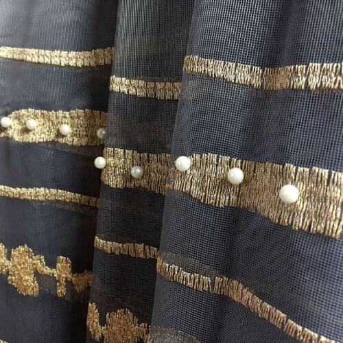 Luxury Golden Thread Stripe Embroidery Pearls Grey Tulle Curtain for Living Room Bedroom Window Drapes White Voile Curtain