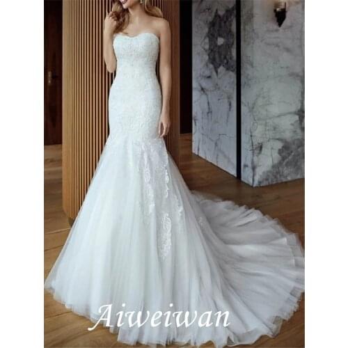 Mermaid / Trumpet Wedding Dresses Strapless Sweep / Brush Train Lace Tulle Sleeveless Country Romantic with Appliques 2021