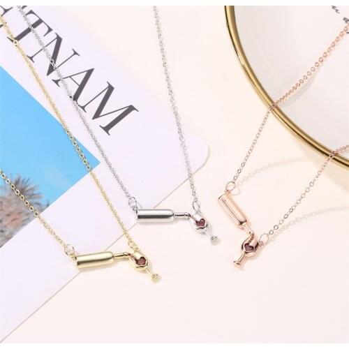 Heart Red Wine Bottle Goblet White Rhinestone Rose Gold Golden Silver Plated Copper Choker Necklace for Women
