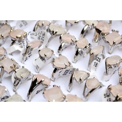 Yingwu 20pcs Wholesale Women Inlaid Rose Quartzs Natural Stone Ring Pink Crystal Vintage Rings Romantic Wedding Jewelry Gift