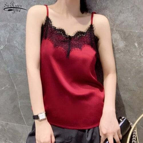 2021 Summer Sling Satin Sleeveless Blouse Women Casual Sexy Solid Lace Women Shirts Crop Top Women Clothing Blusas Mujer 9750