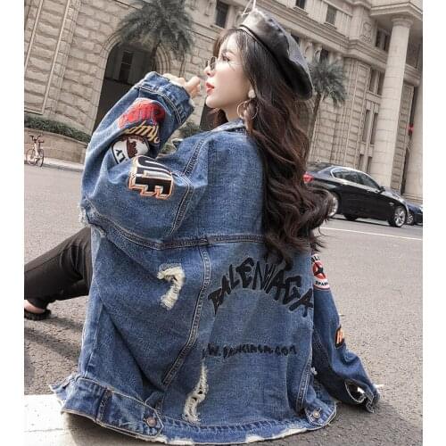 2020 Spring Auturn letter Crop Denim Jackets Women Casual Jeans Bomber Jacket Long Sleeve Denim Coat Plus Size