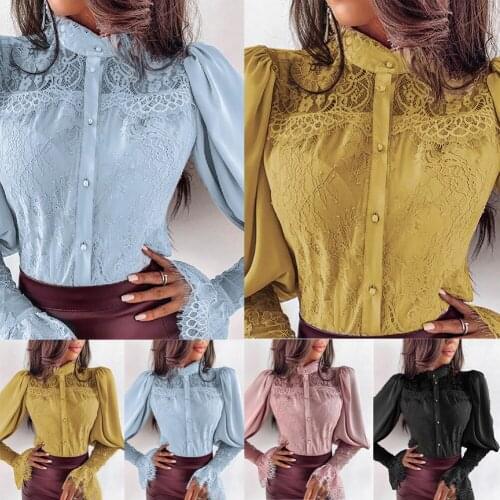 Women Lace Patchwork Flare Sleeve Buttoned Blouse Chic Elegant Spring Fall Office Stand Collar Shirt Chiffon Solid Casual Tops