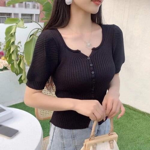Womens Fashion Round Neck Button Section Exposed Navel Knitted Short Sleeved Cardigan Tops