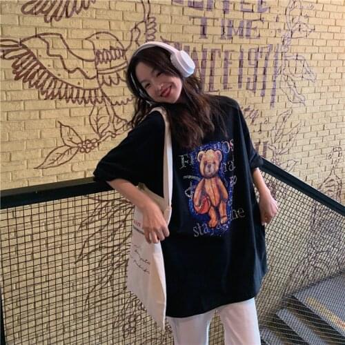 2021 new T-shirt Korean round neck loose large size cartoon print diamond mid-length short-sleeved loose wild T-shirt women